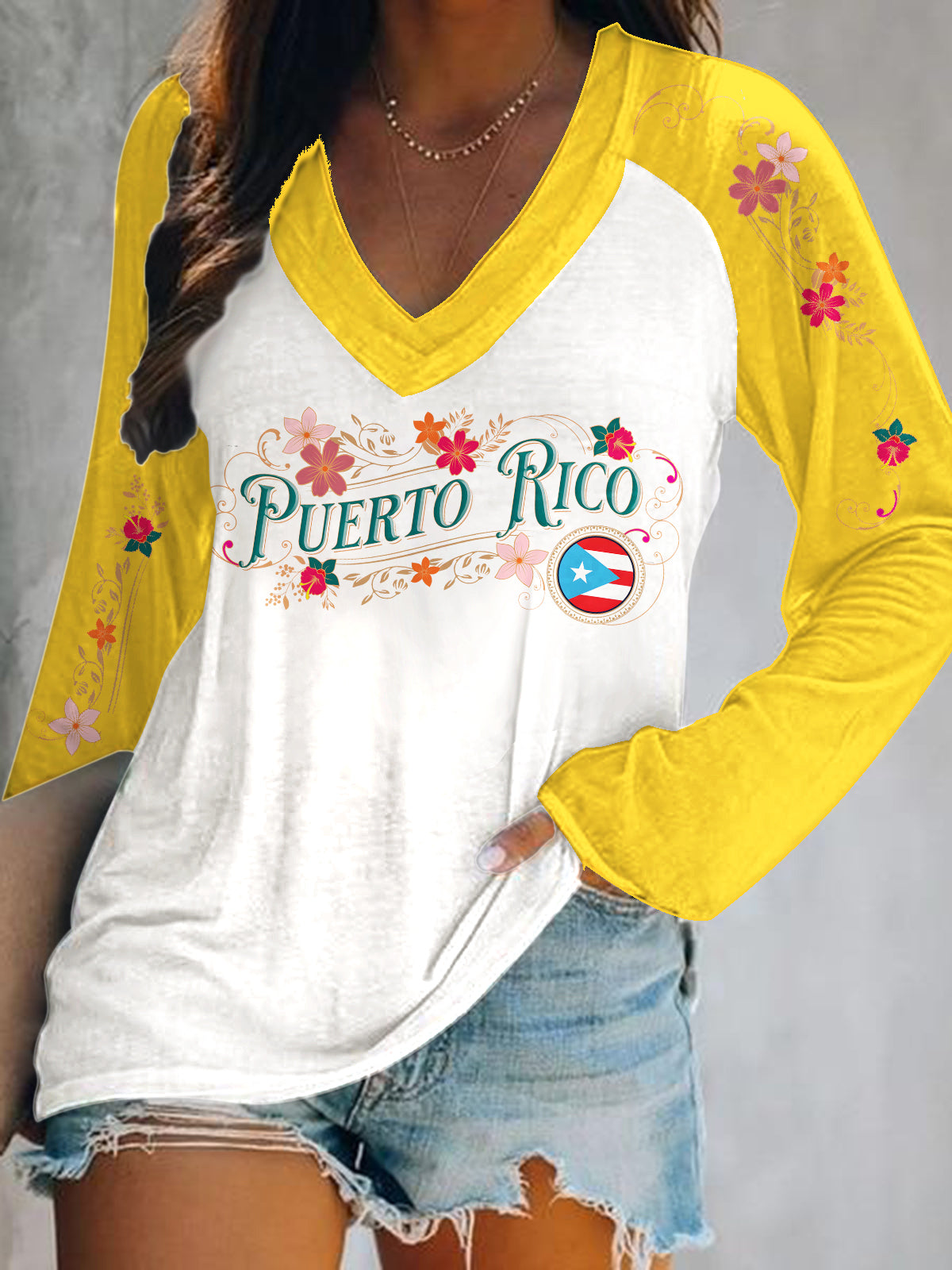 Puerto Rican Artistic Flowers Print V-Neck Long Sleeve Top