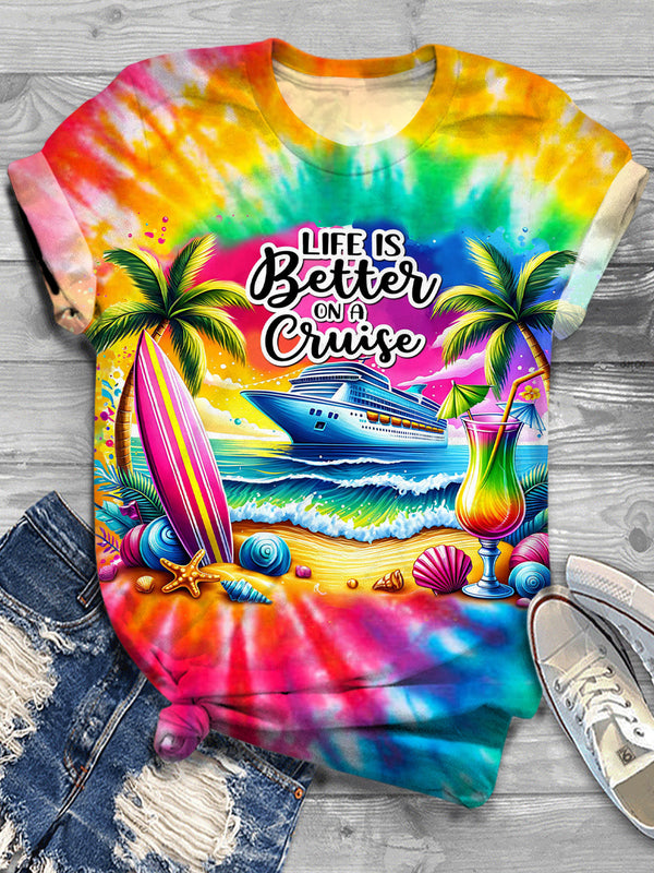 La vida es mejor en un crucero: camiseta de cuello redondo con teñido anudado a color 