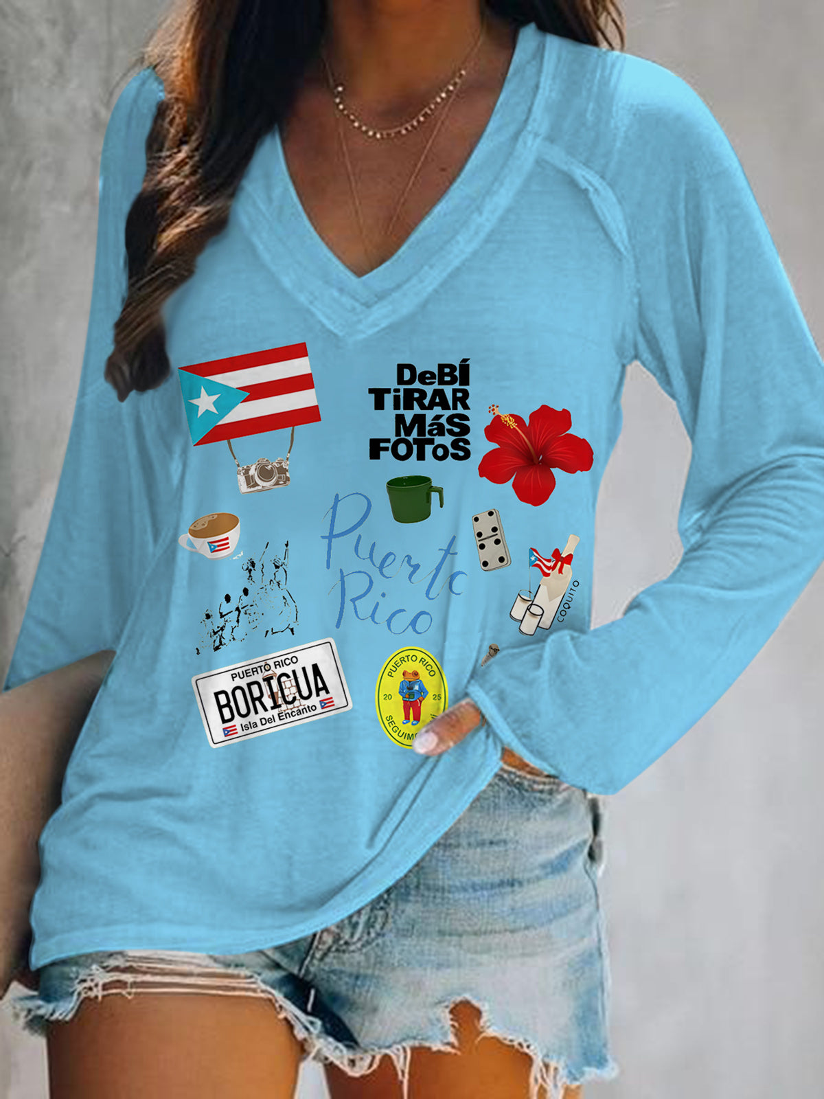 PR Dtmf Print V-Neck Long Sleeve Top