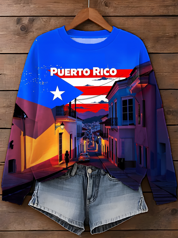 Puerto Rico Printed Long Sleeve Casual Top