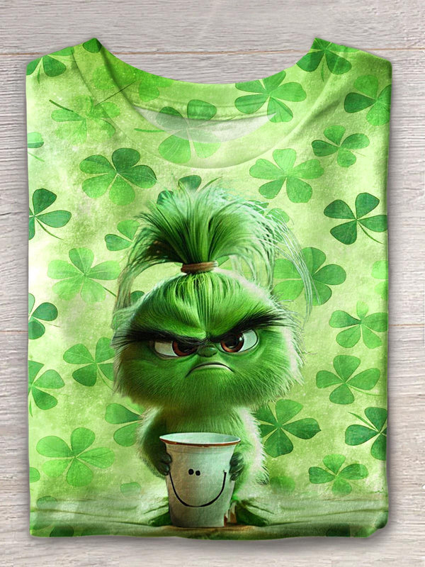 Cute Green Fur Clover St. Patrick's Day Crew Neck T-shirt