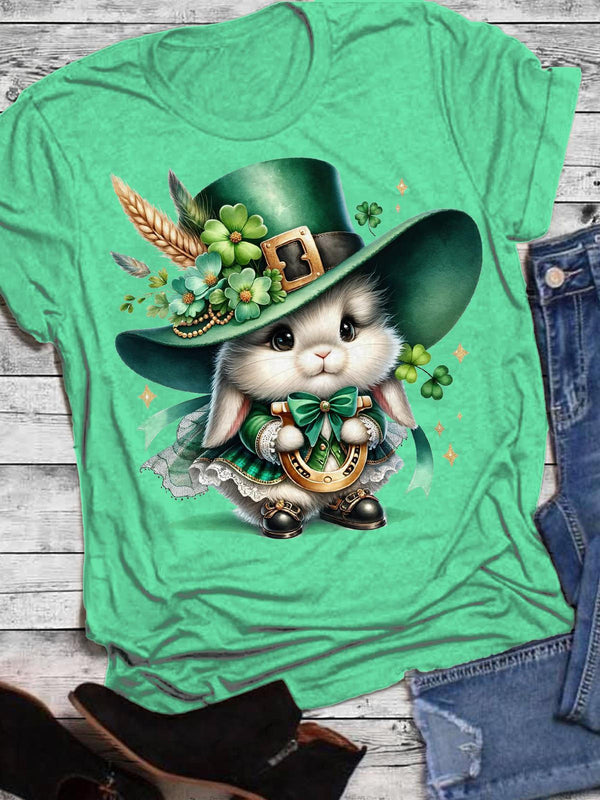 St. Patrick's Day Festive Atmosphere Cute Rabbit Print T-shirt