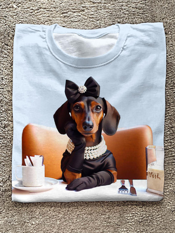 Vintage Audrey Puppy Print Crew Neck T-shirt