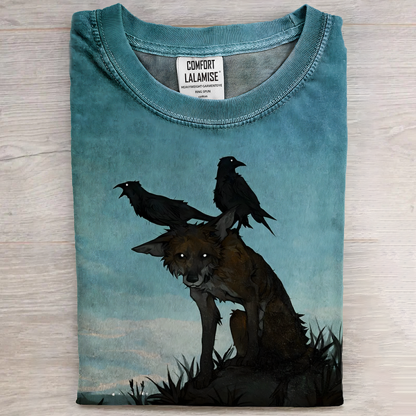 Funny Bird And Wolf Art Crew Neck T-shirt