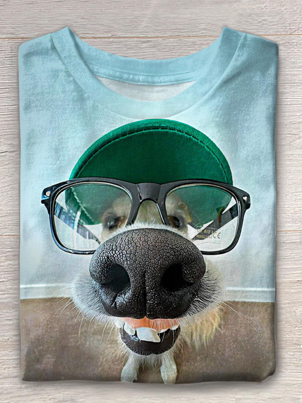 Cute Glasses Puppy Print Crew Neck T-shirt