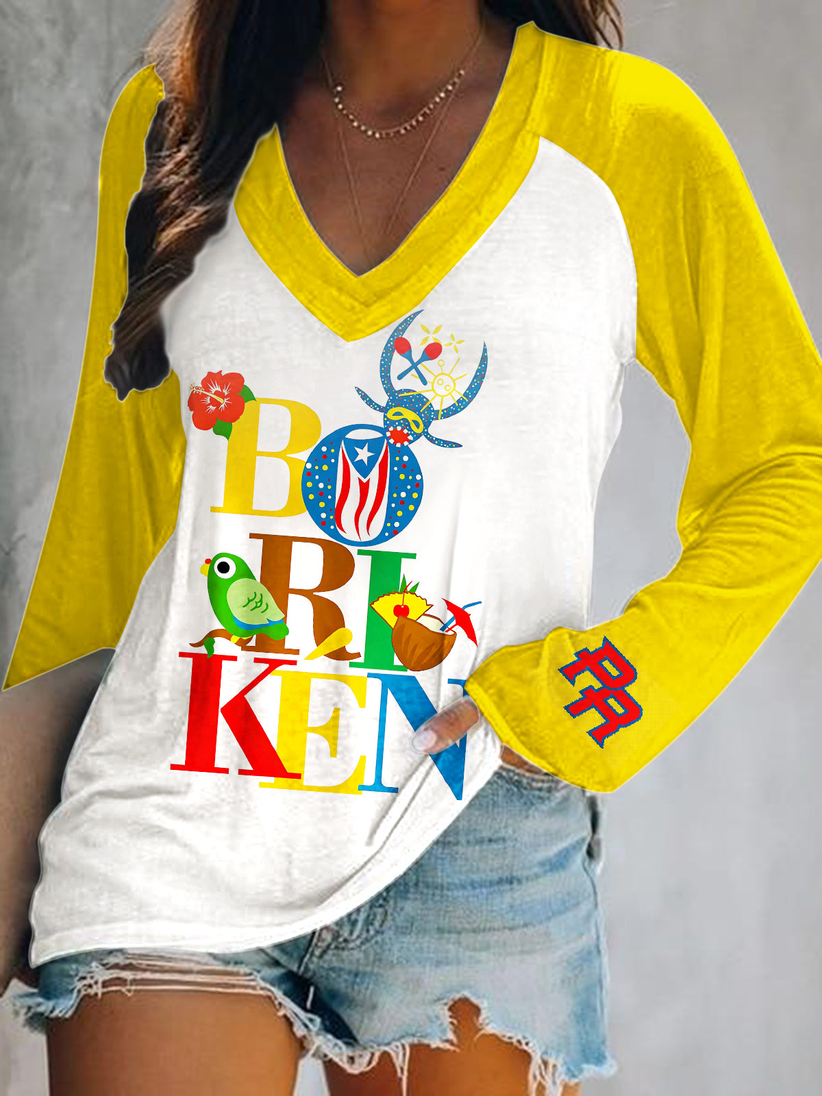 Puerto Rican Art Print V-Neck Long Sleeve Top