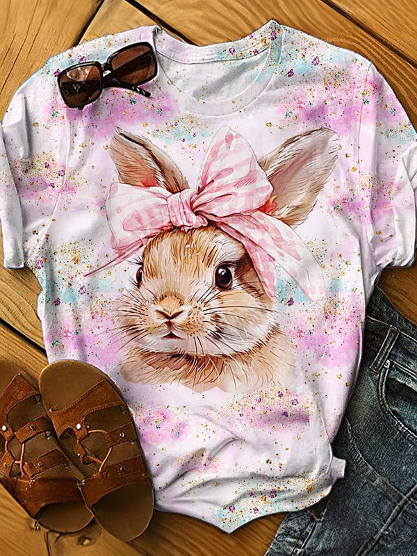 Women's Retro Easter Cute Bunny Print Crew Neck T-shirt