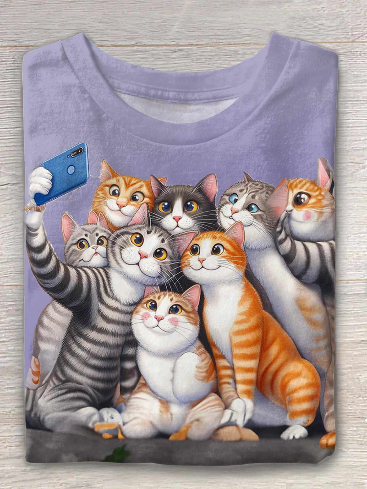 Retro Cute Selfie Kitten Print Crew Neck T-shirt