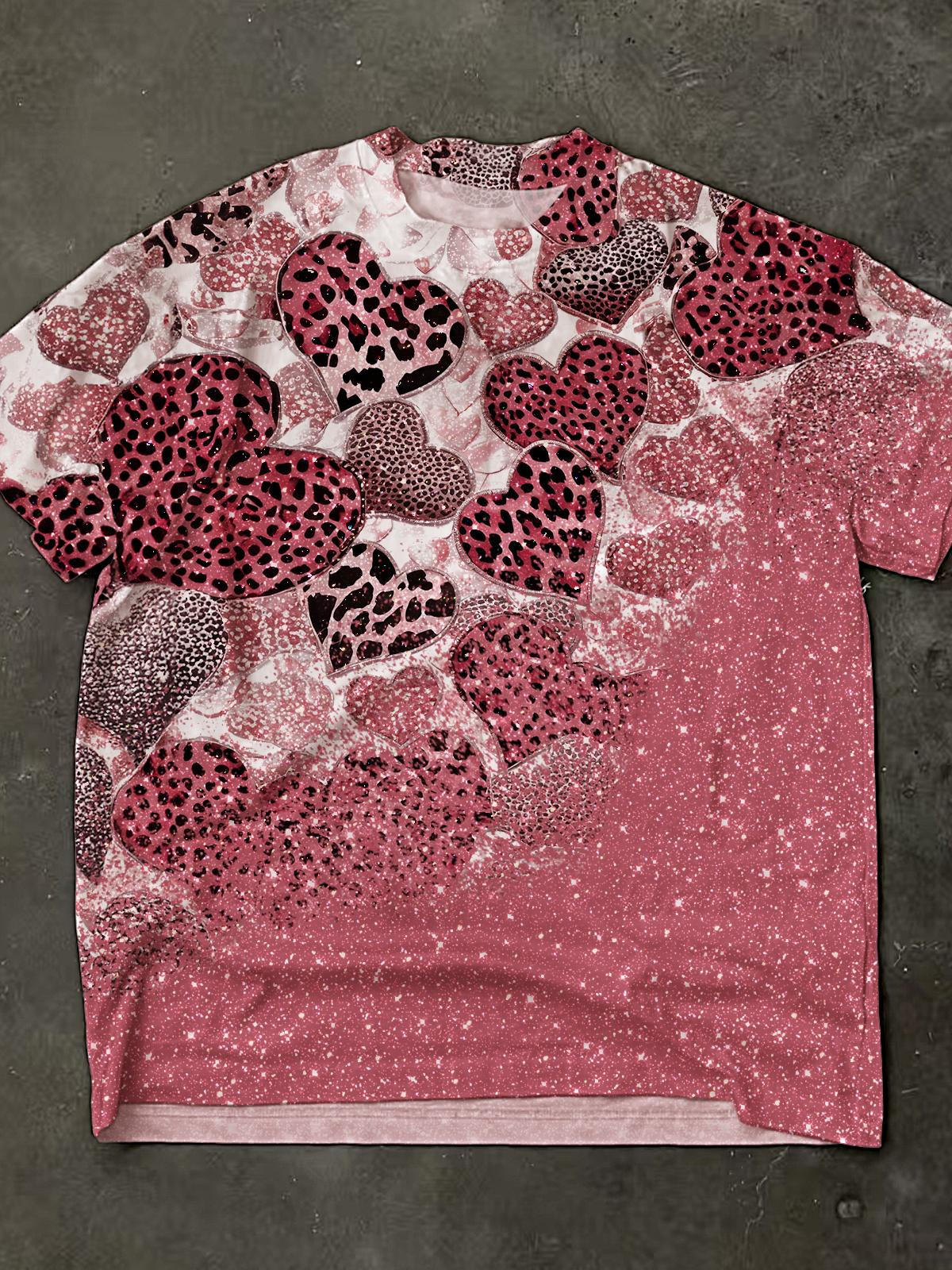 Alentine's Day Leopard Heart Print Crew Neck T-shirt