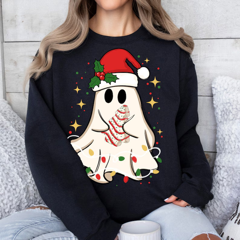 Cute Christmas Ghost Tree Cake Retro Sweatshirt