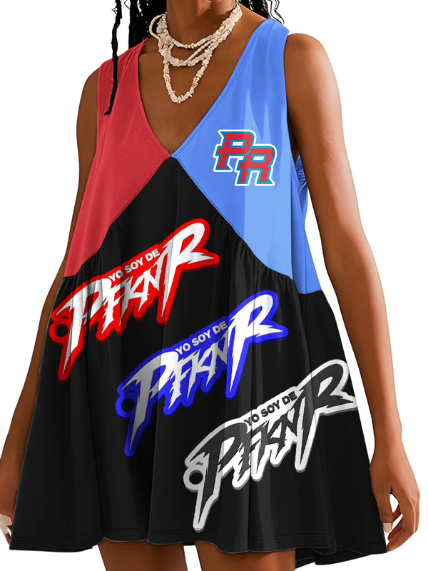 Puerto Rican Print V-neck Sleeveless Dress