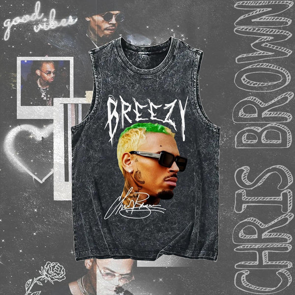 Chris Brown Washed Cotton Round Neck Sleeveless Vest