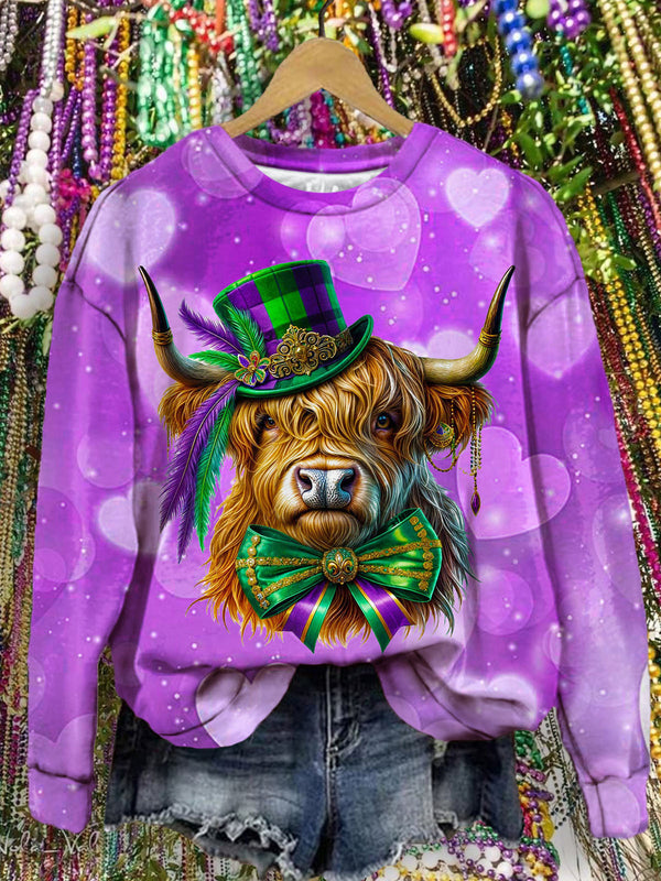 Mardi Gras Happy Holiday Cow Hat Print Long Sleeve Top