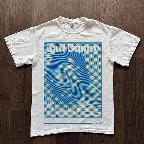 Bad Bunny Nostalgic Portrait Print Crew Neck T-shirts