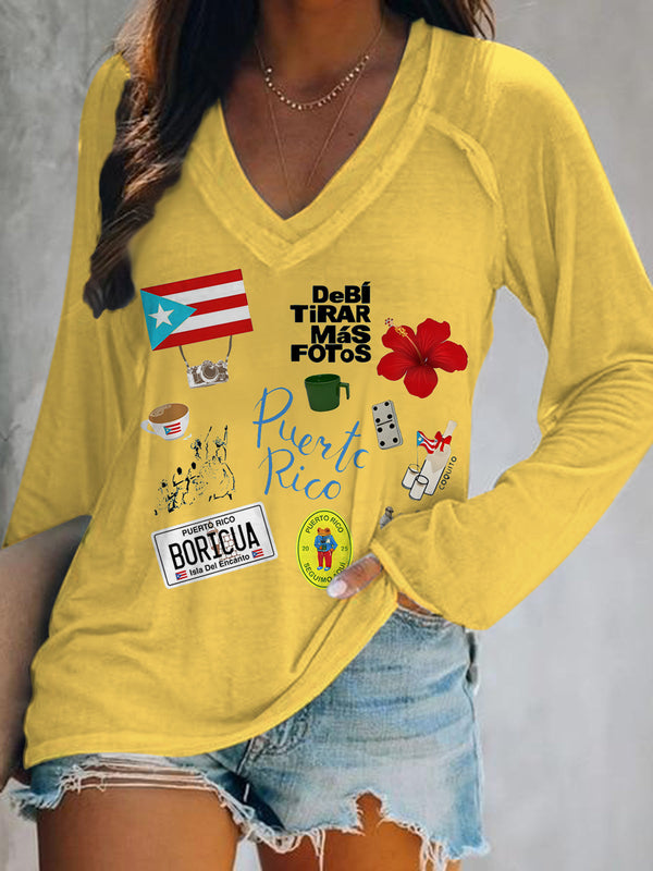 PR Dtmf Print V-Neck Long Sleeve Top
