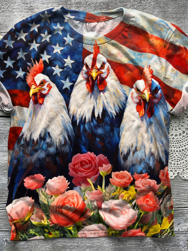 USA Flag Roosters Crew Neck T-shirt