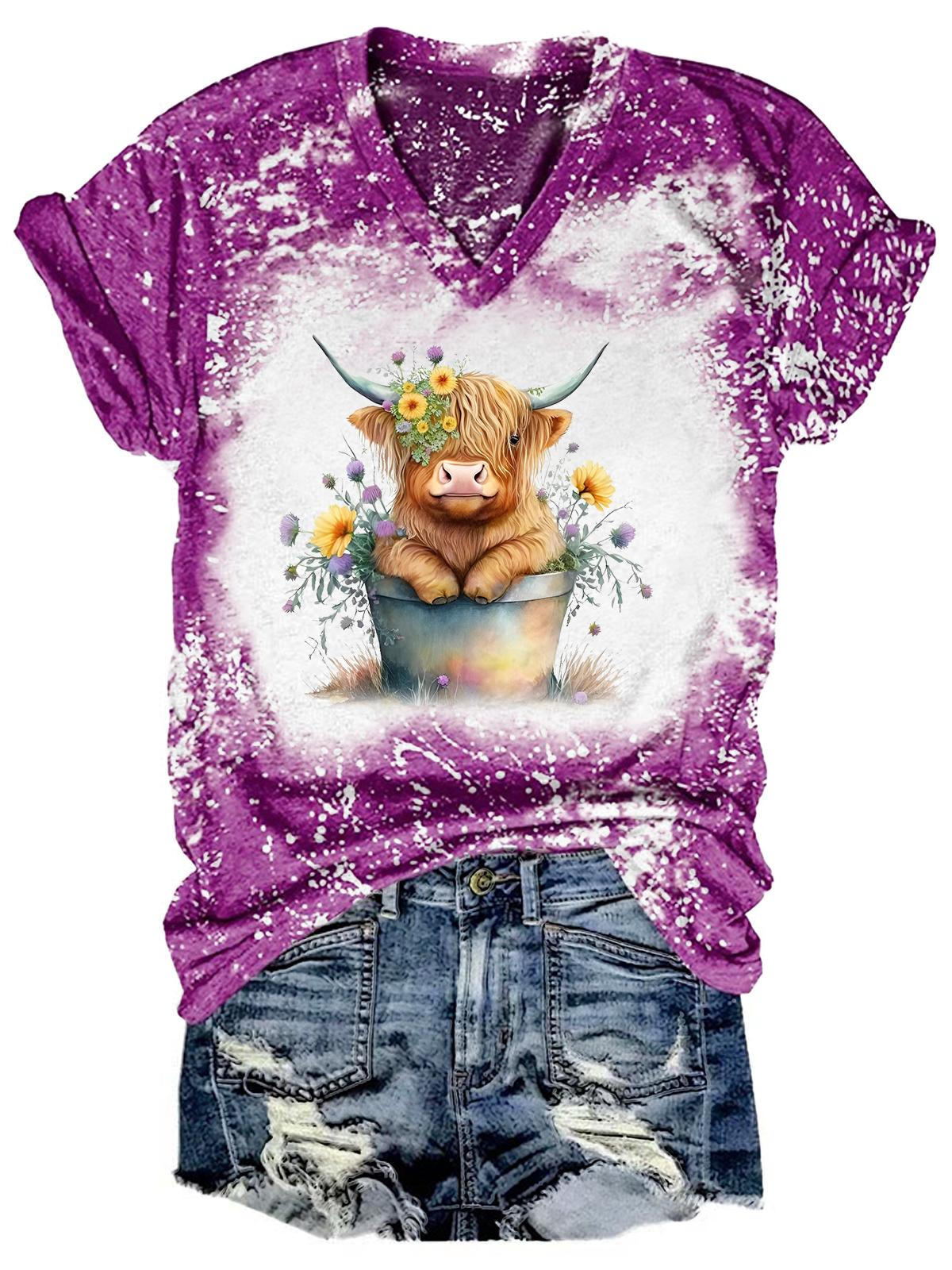 Baby Highland Cow Tie Dye V Neck T-shirt