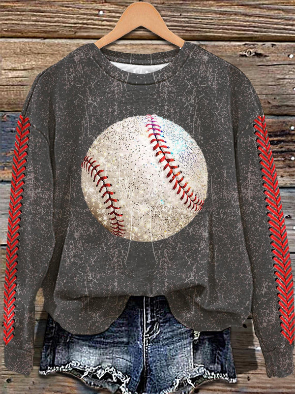 Top casual de manga larga con estampado texturizado vintage de béisbol con purpurina 