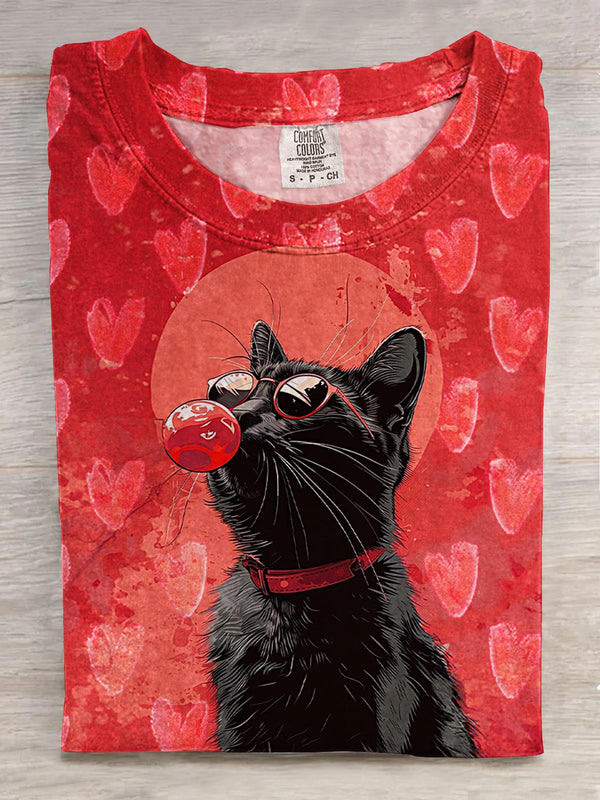 Valentine's Day Love Bubble Kitten Print Crew Neck T-shirt