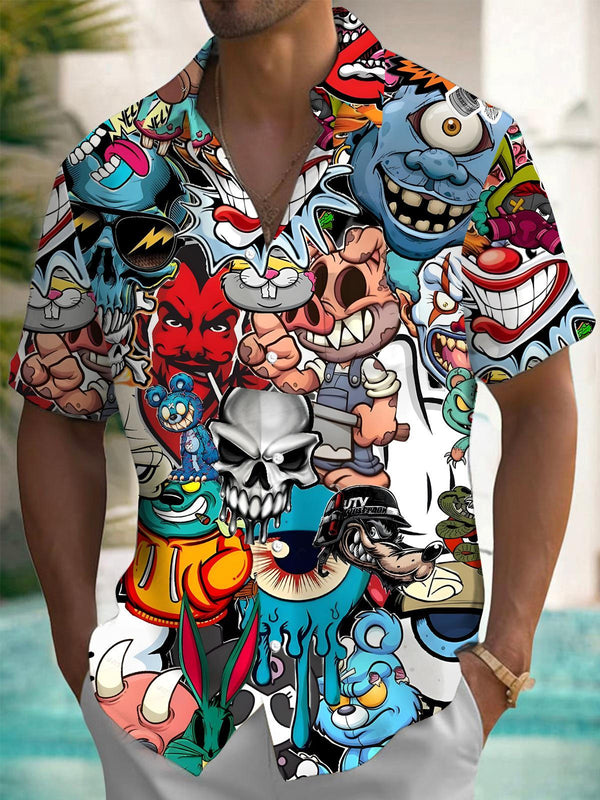 Camisas de manga corta con bolsillo para hombre con estampado de calavera de dibujos animados divertidos