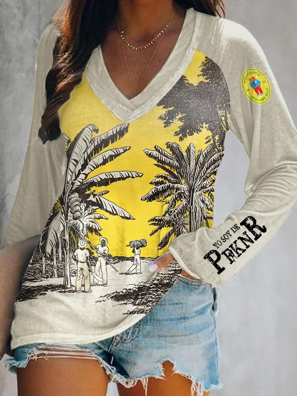 Puerto Rico Print V-Neck Long Sleeve Top