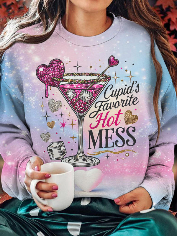 Cupid's Hot Mess Valentines Printed Long Sleeve Casual Top