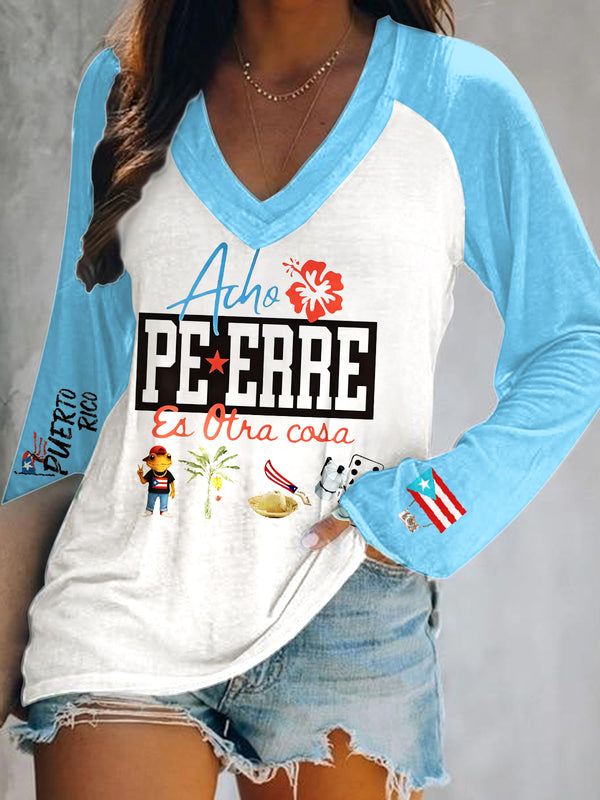 Puerto Rican Print V-Neck Long Sleeve Top