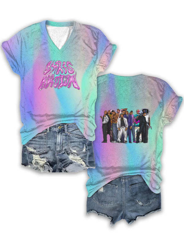 Camiseta de cuello en V con estampado degradado de doble cara de Chris Brown