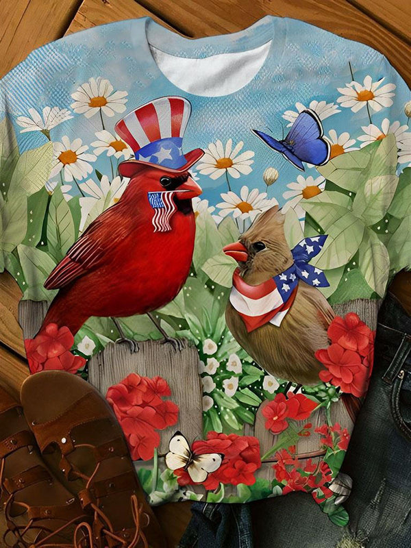 Red Bird Flag Print Round Neck Short Sleeve T-Shirt