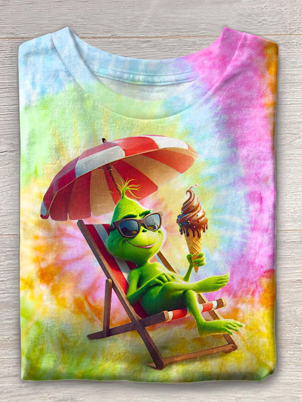 Camiseta de cuello redondo con estampado de personaje de dibujos animados de vacaciones de verano 