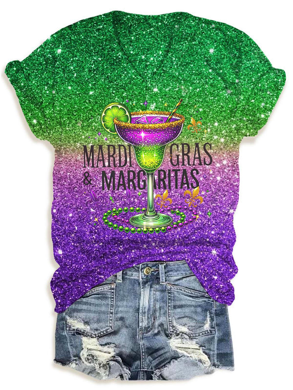 Women's Mardi Gras & Margaritas V-Neck T-Shirt