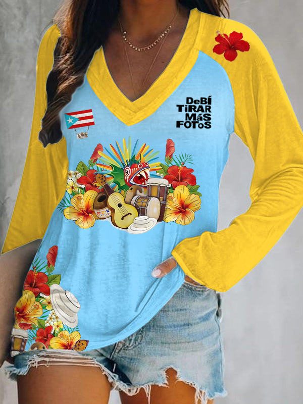 Puerto Rico Print V-Neck Long Sleeve Top