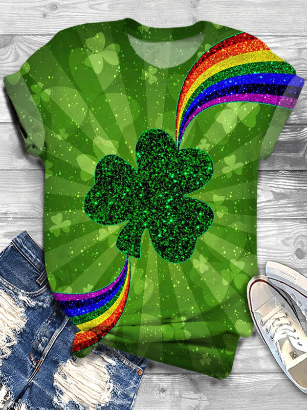 Glitter Shamrock Rainbow Crew Neck T-shirt