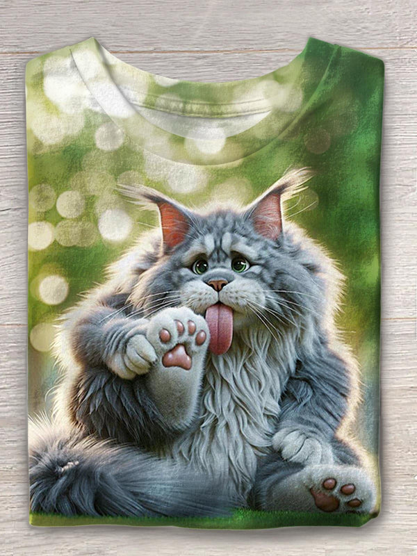 Cute Fat Cat Print Crew Neck T-shirt