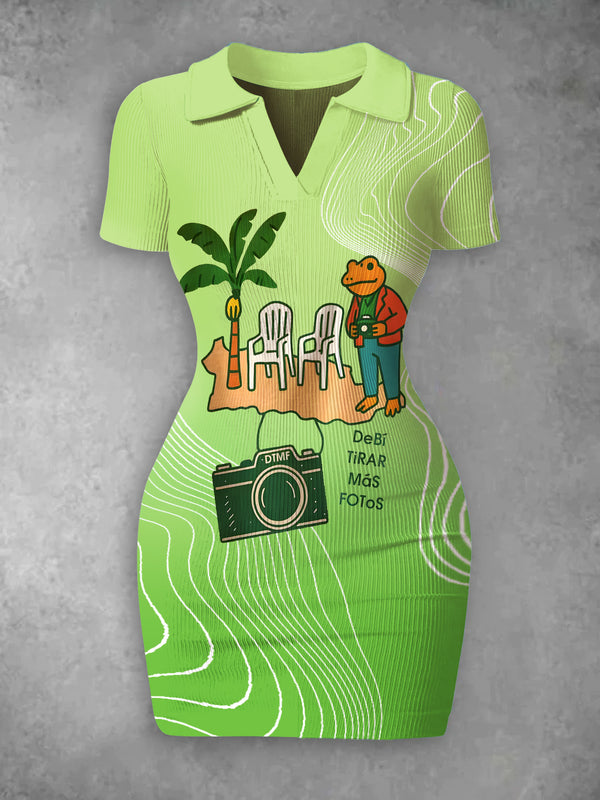 Women's Vintage Puerto Rican Badbunny Print Ribbed Bodycon Mini Dress