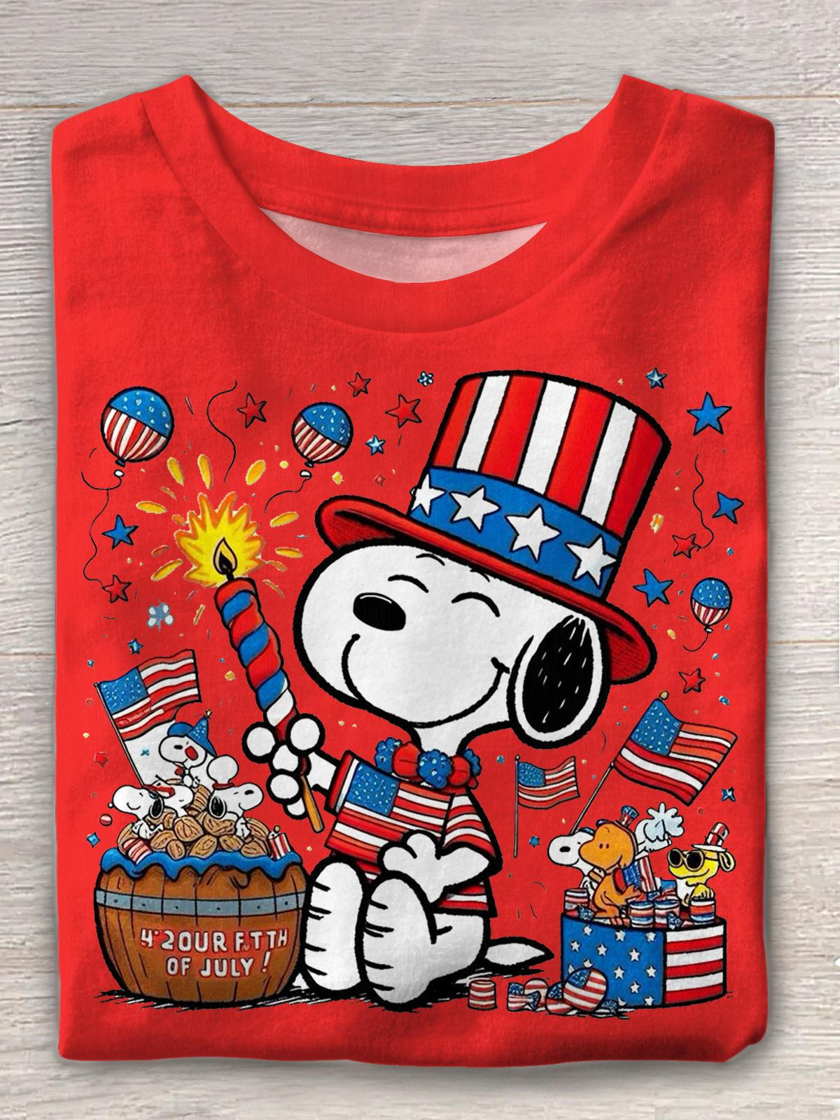 Cute Cartoon Independence Day Printed Crew Neck T-shirt