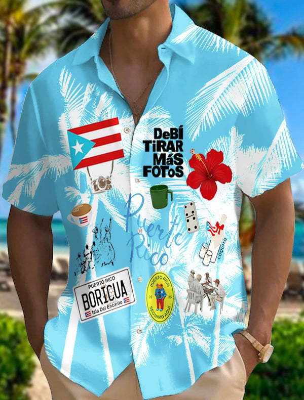Men's Coconut Tree Puerto Rico Printed Short Sleeve Shirts
