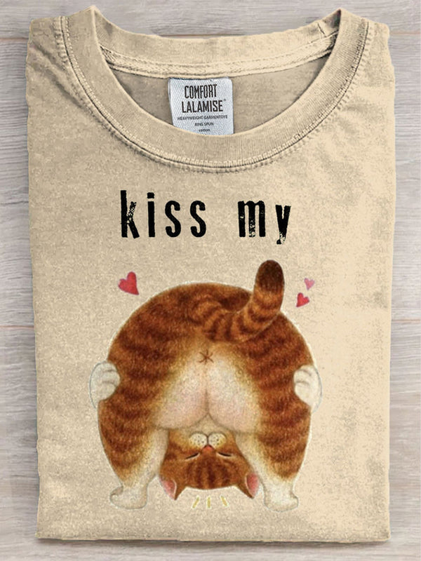 Retro Funny Kitten Crew Neck T-shirt