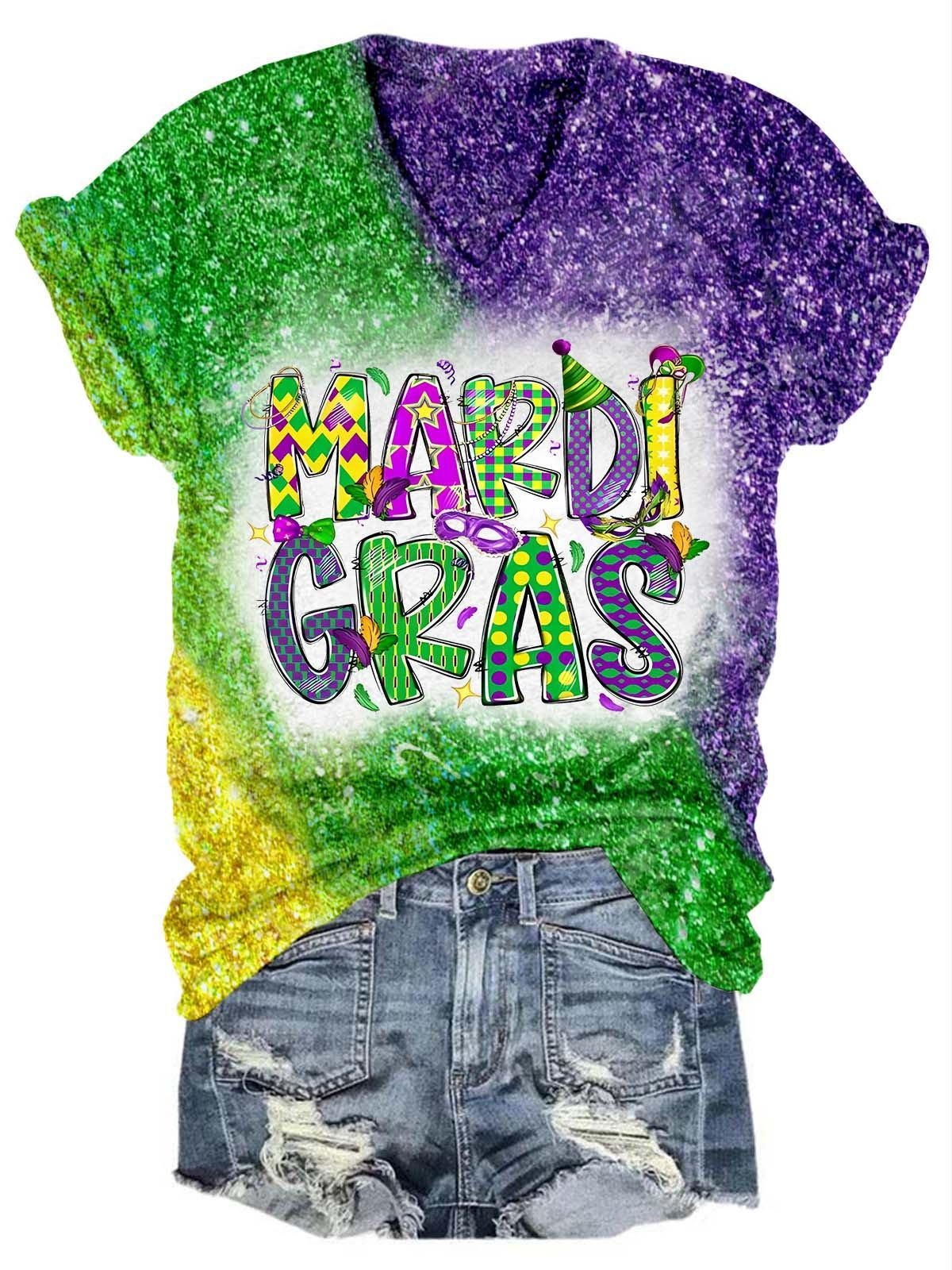 Happy Mardi Gras Glitter V-Neck Tee