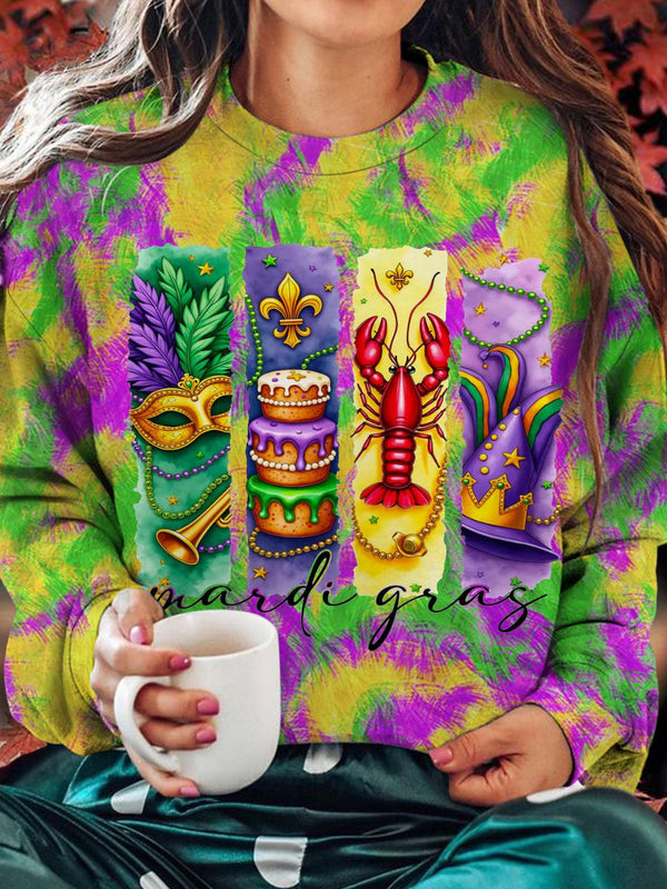 Retro Mardi Gras Printed Long Sleeve Casual Top