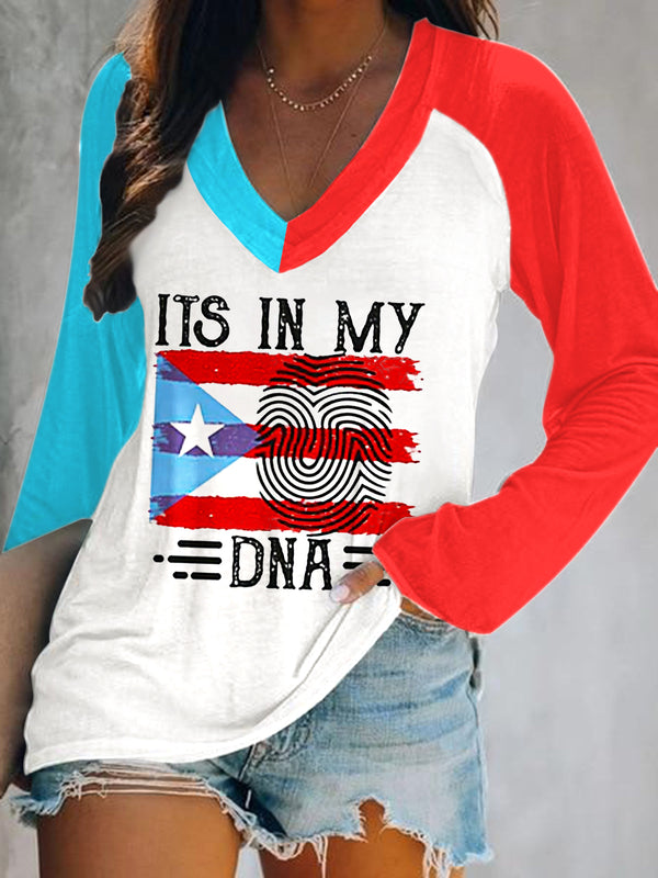Vintage Puerto Rican Print V-Neck Long Sleeve Top