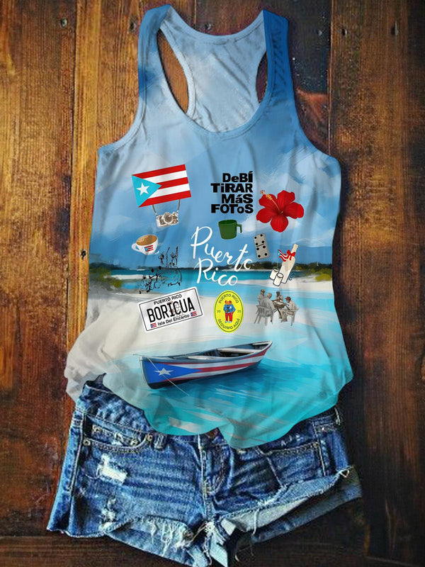 Bad Bunny Puerto Rico Coastal Art Printed Casual Tank Top