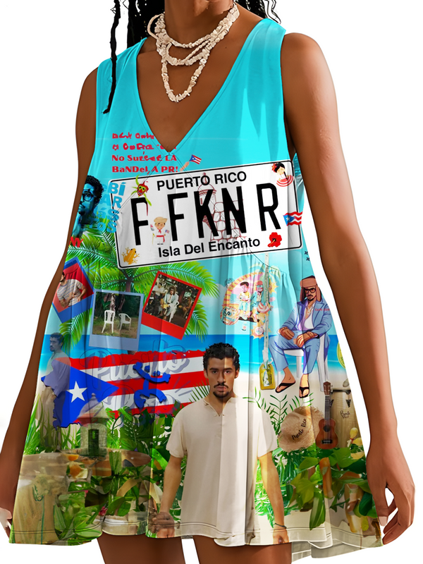 Beautiful Puerto Rico Taino Collage V-neck Sleeveless Dress