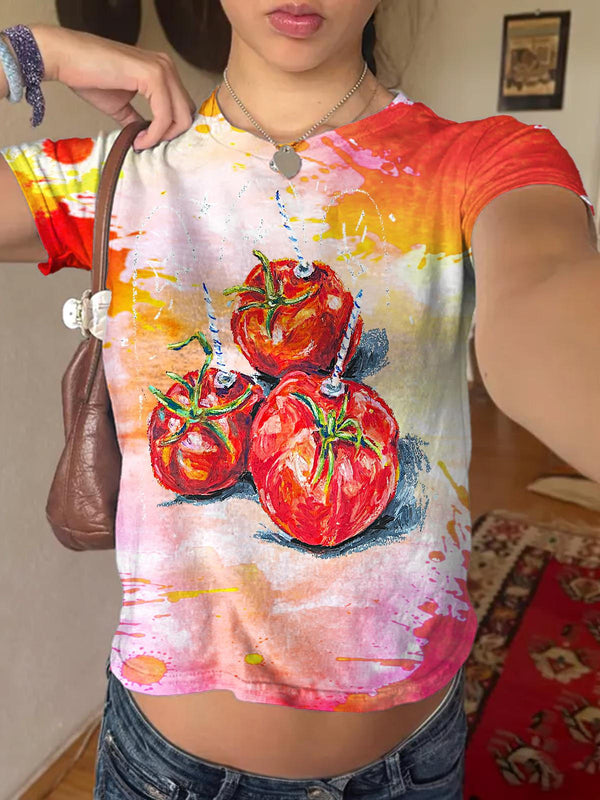Camiseta informal de manga corta con tomate jugoso y ombligo al descubierto