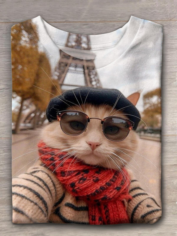 Funny Cat Travels Eiffel Tower Crew Neck T-shirt