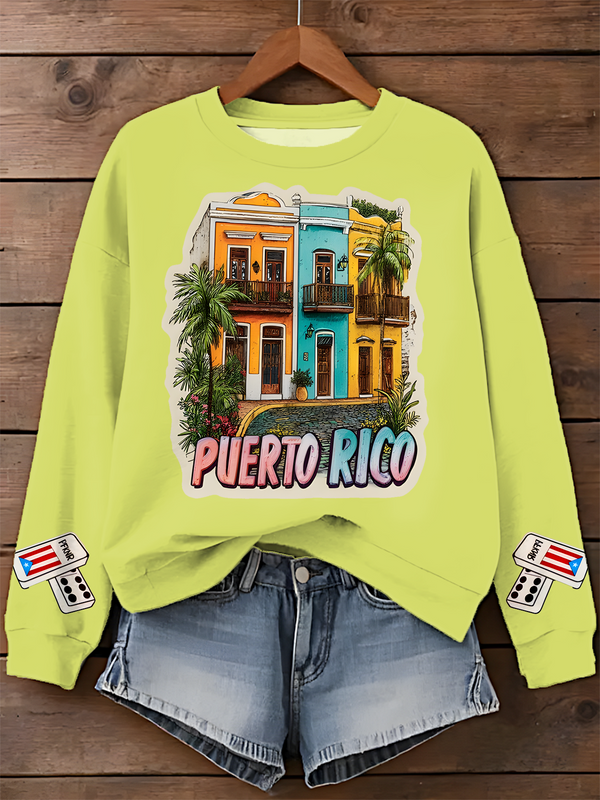 Puerto Rico Vintage Travel Retro Old San Juan Colorful Houses Printed Long Sleeve Casual Top