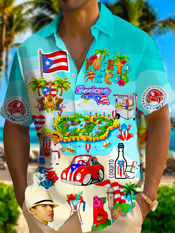 Collage of Puerto Rican Flag Symbols Men's Short Sleeve Shirts