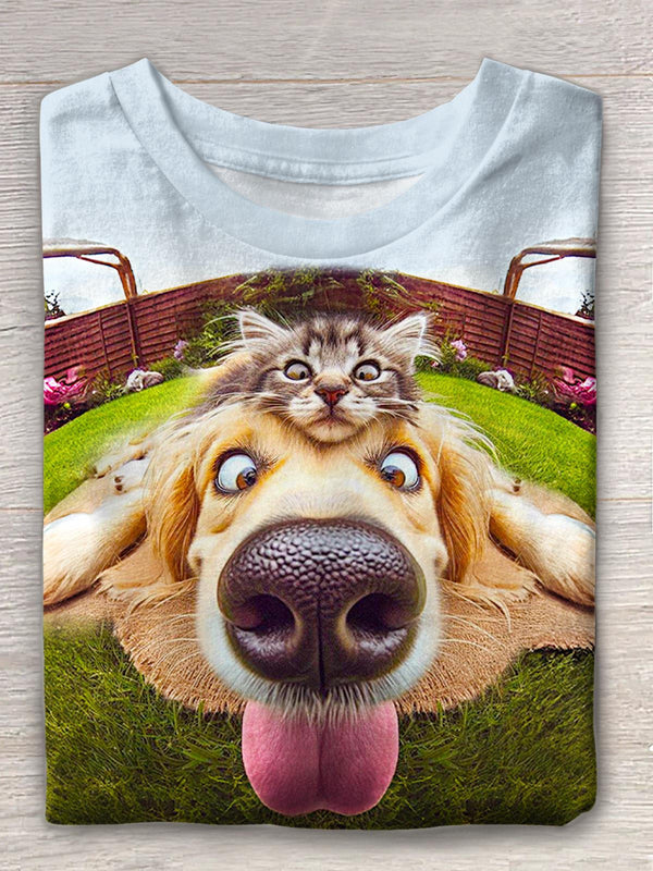 Funny Kitten And Puppy Print Crew Neck T-shirt