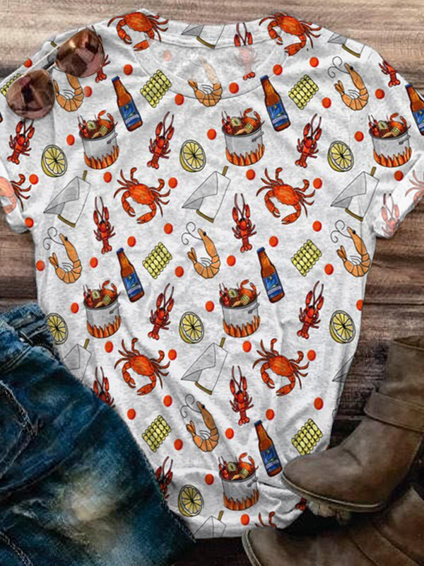 Crawfish Crab And Shrimp Printed Crew Neck T-shirt