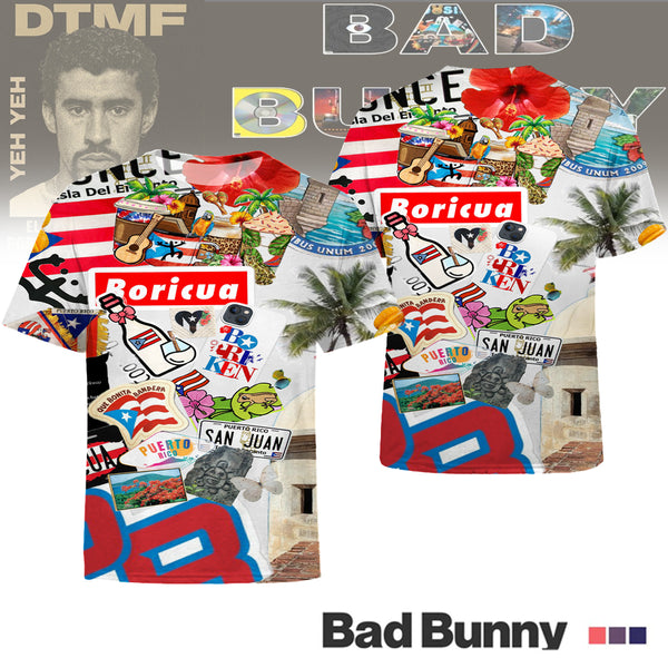 Vintage Puerto Rican Print Crew Neck T-shirt